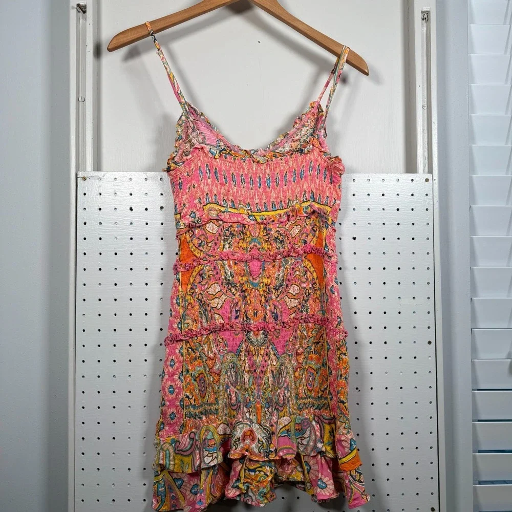 Olivaceous Smocked Bodycon Mini Dress Women's‎ Paisley Ruffle Boho Chic - Small